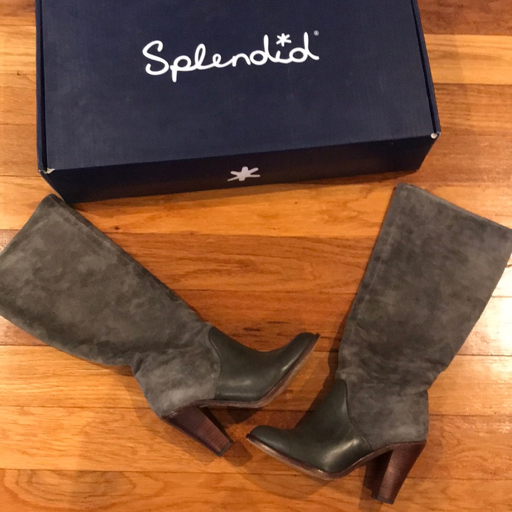 Splendid grey suede and leather high heel boots.